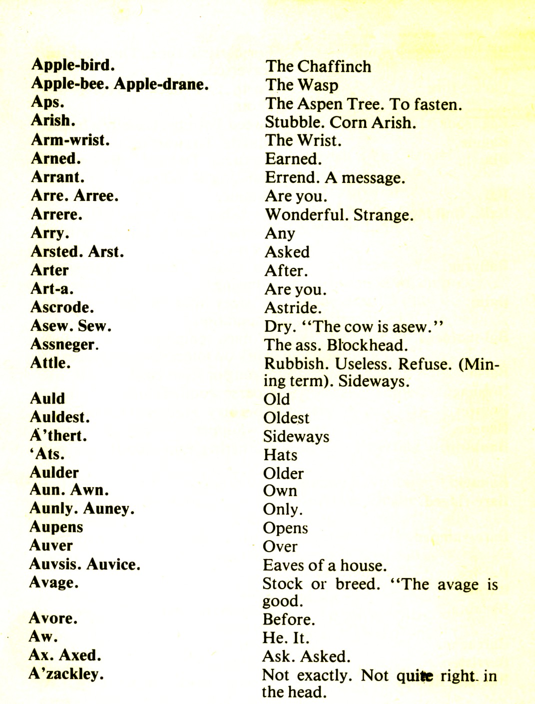 CORNISH DIALECT WORDS A