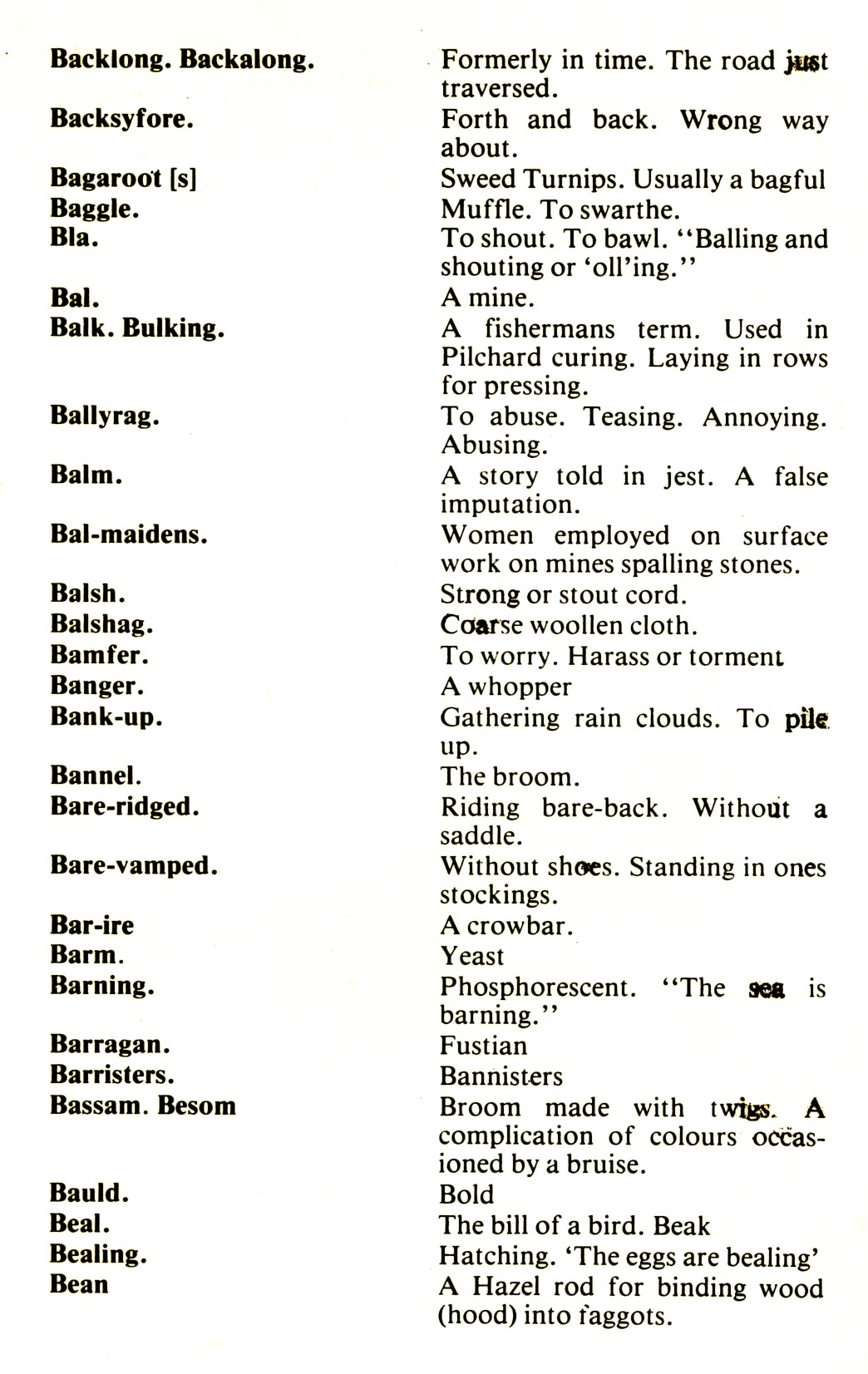 CORNISH DIALECT WORDS B