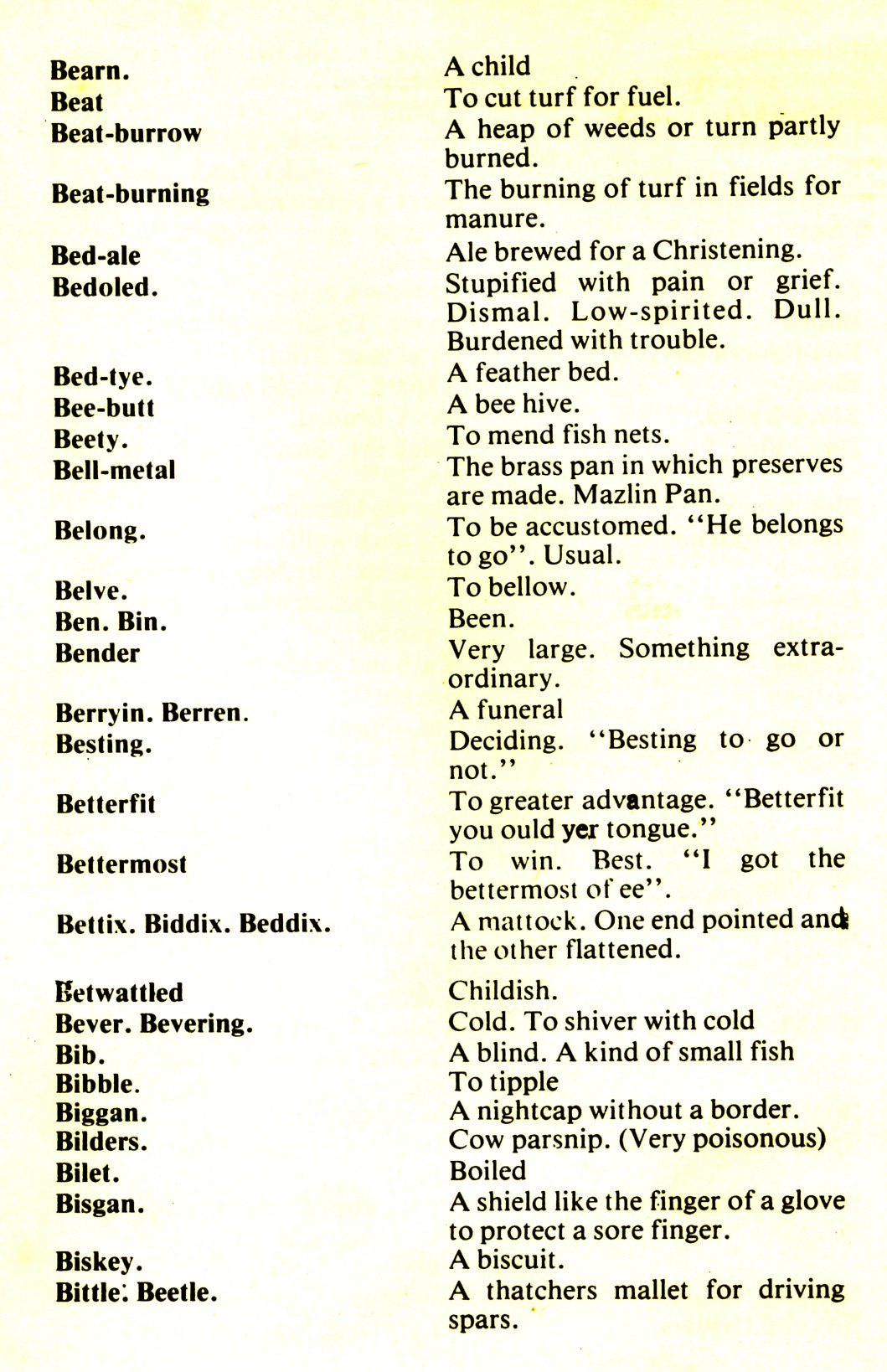 CORNISH DIALECT WORDS B